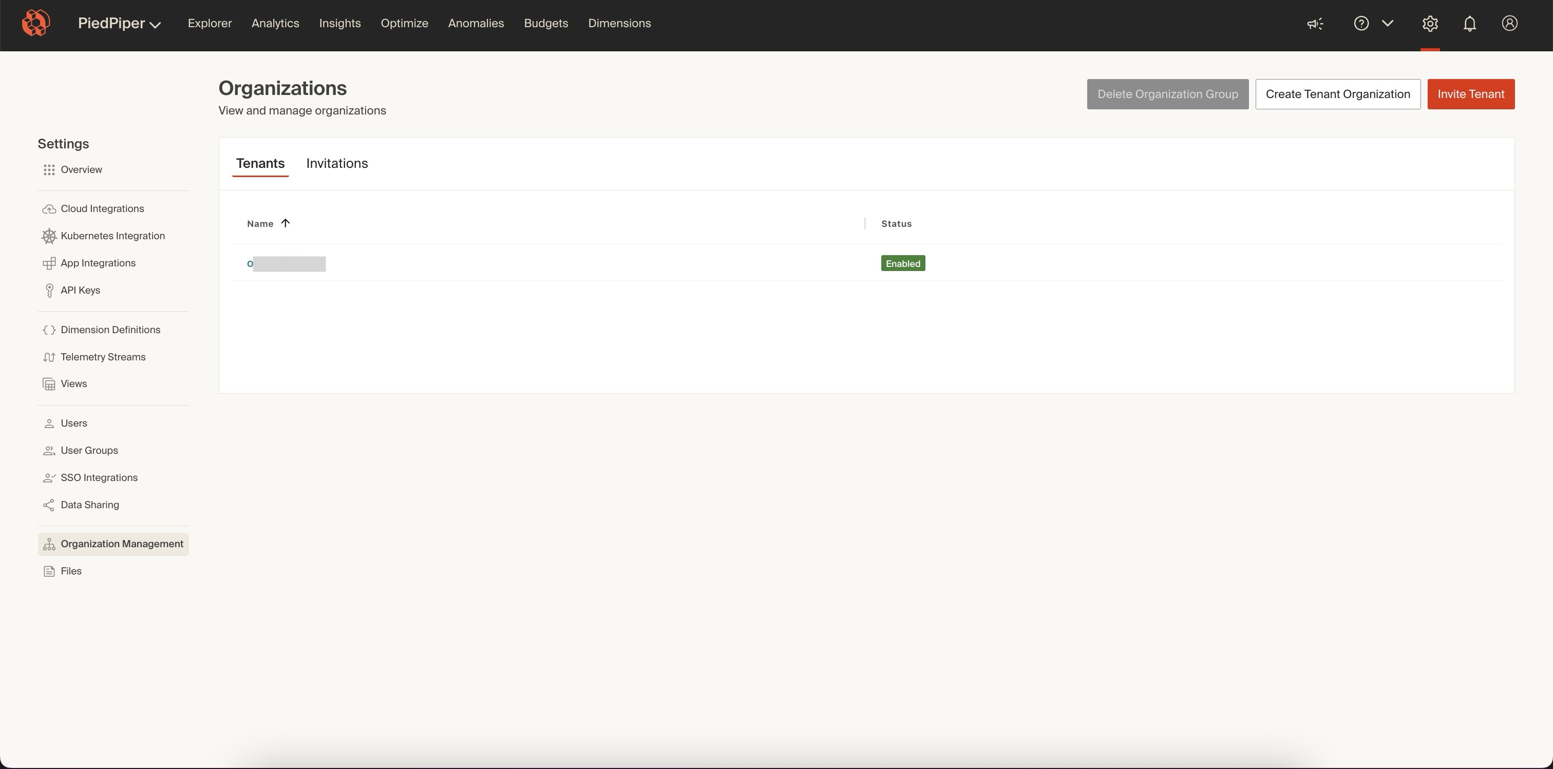 Organization Management screen after acceptance