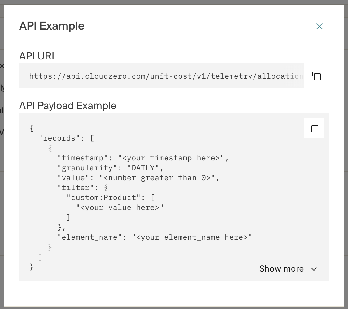 The API URL and a sample payload customized for your allocation stream