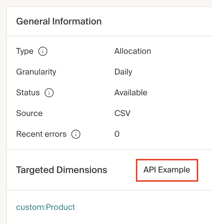 Select API Example to view a sample API payload for your allocation stream