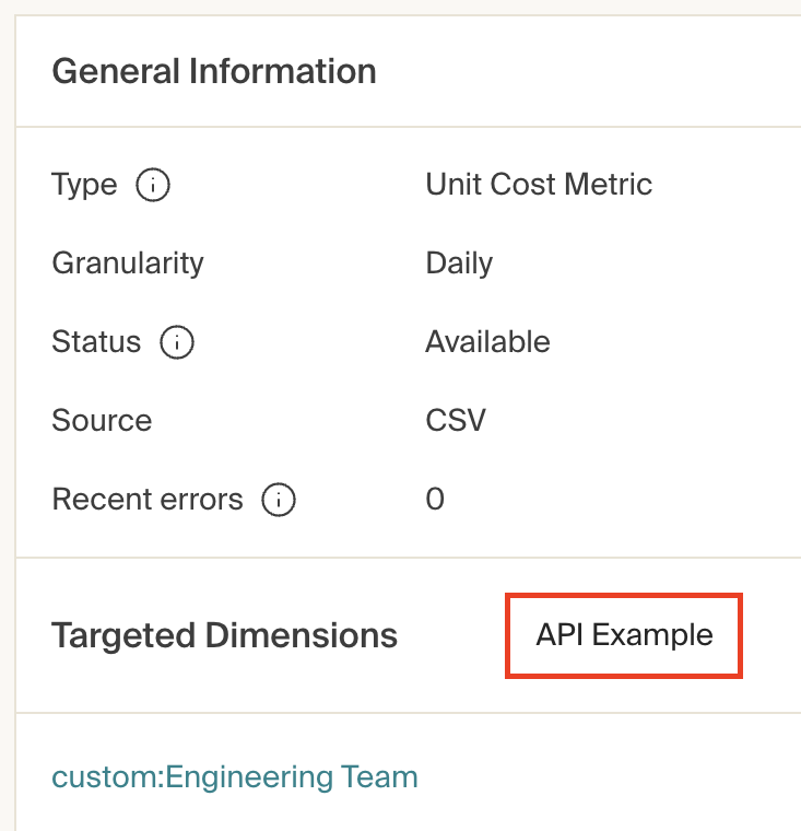 Select API Example to view a sample API payload for your unit cost metric stream